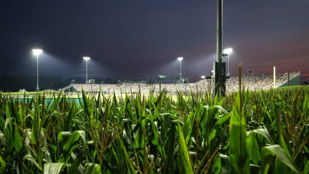 Aug 12, 2021; Dyersville, Iowa, USA; The view from centerfield of a sold out game between the Chicago White Sox and the New York Yankees at the Field of Dreams. Mandatory Credit: Reese Strickland-USA TODAY Sports